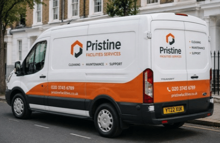 Branded van with full colour wrap graphics parked on a London street